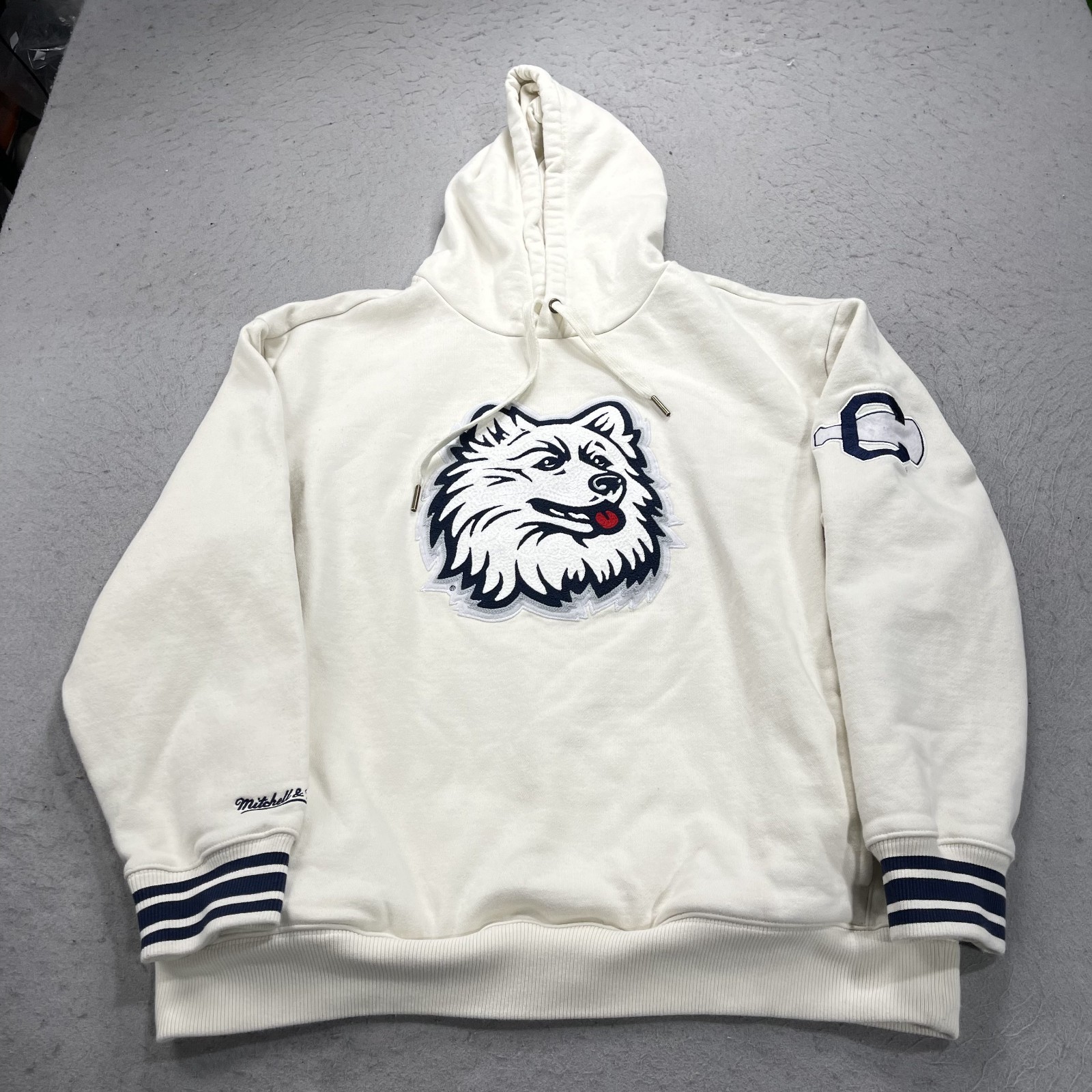 UConn Huskies Hoodie Mens Large White Mitchell Ness Retro Sweatshirt Sewn NCAA