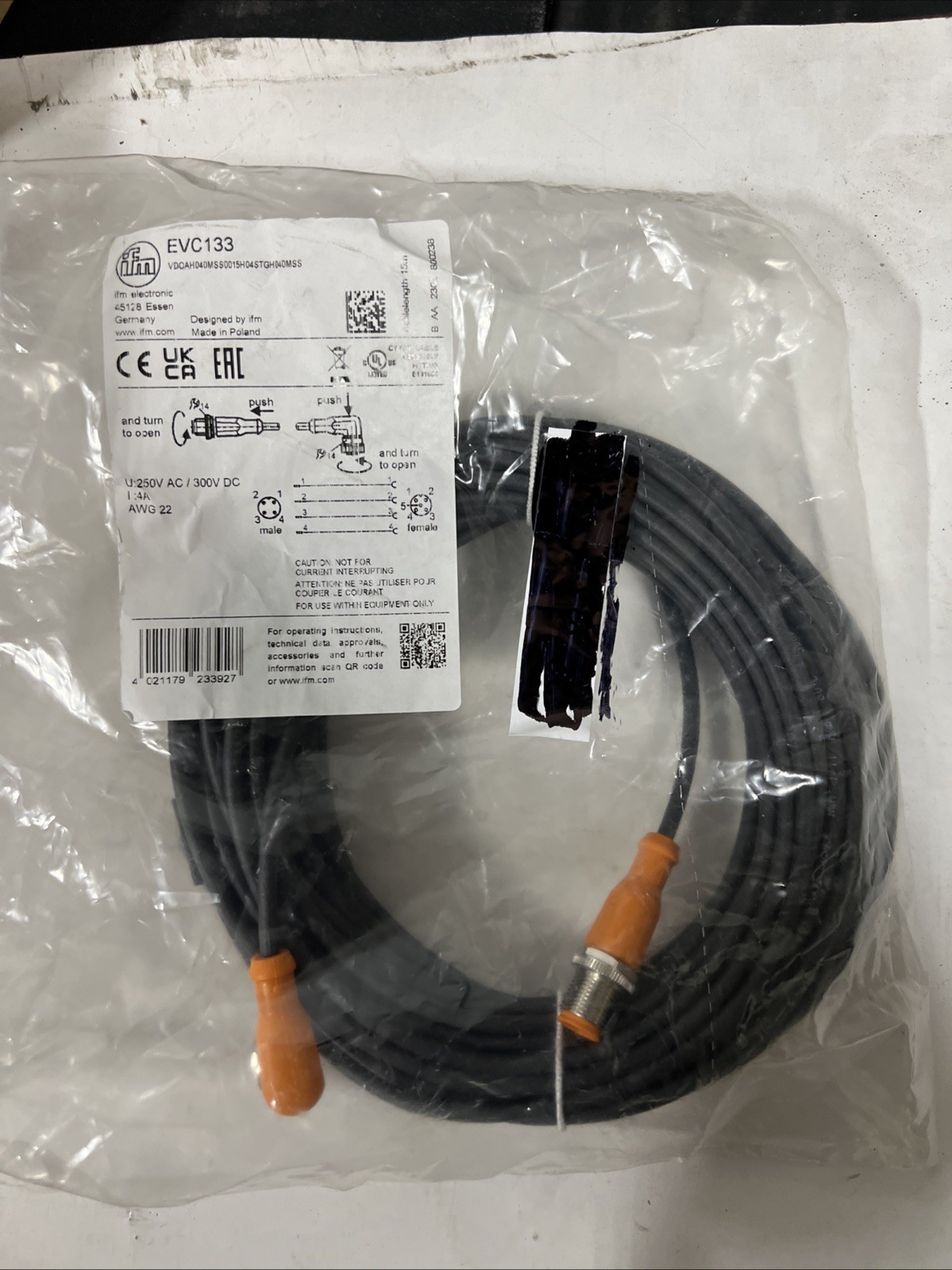 IFM EVC133 Ecomat 4-Pin Cable. NEW