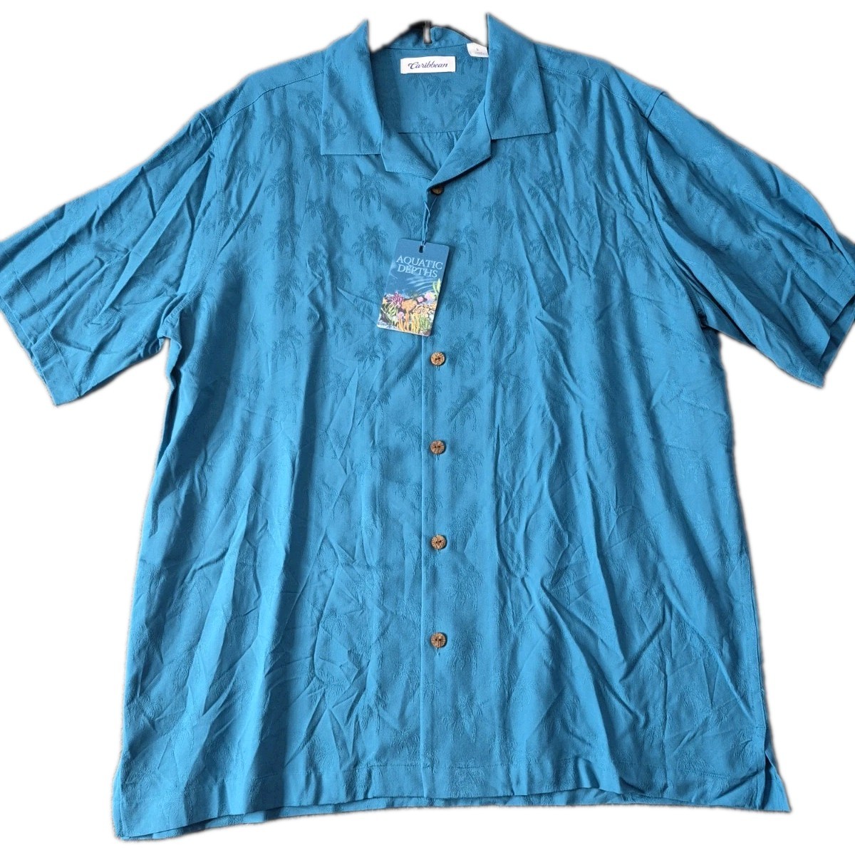 Roundtree & Yorke Caribbean Short-Sleeve Shirt Sz L Blue Jaccard Palm Trees NWT