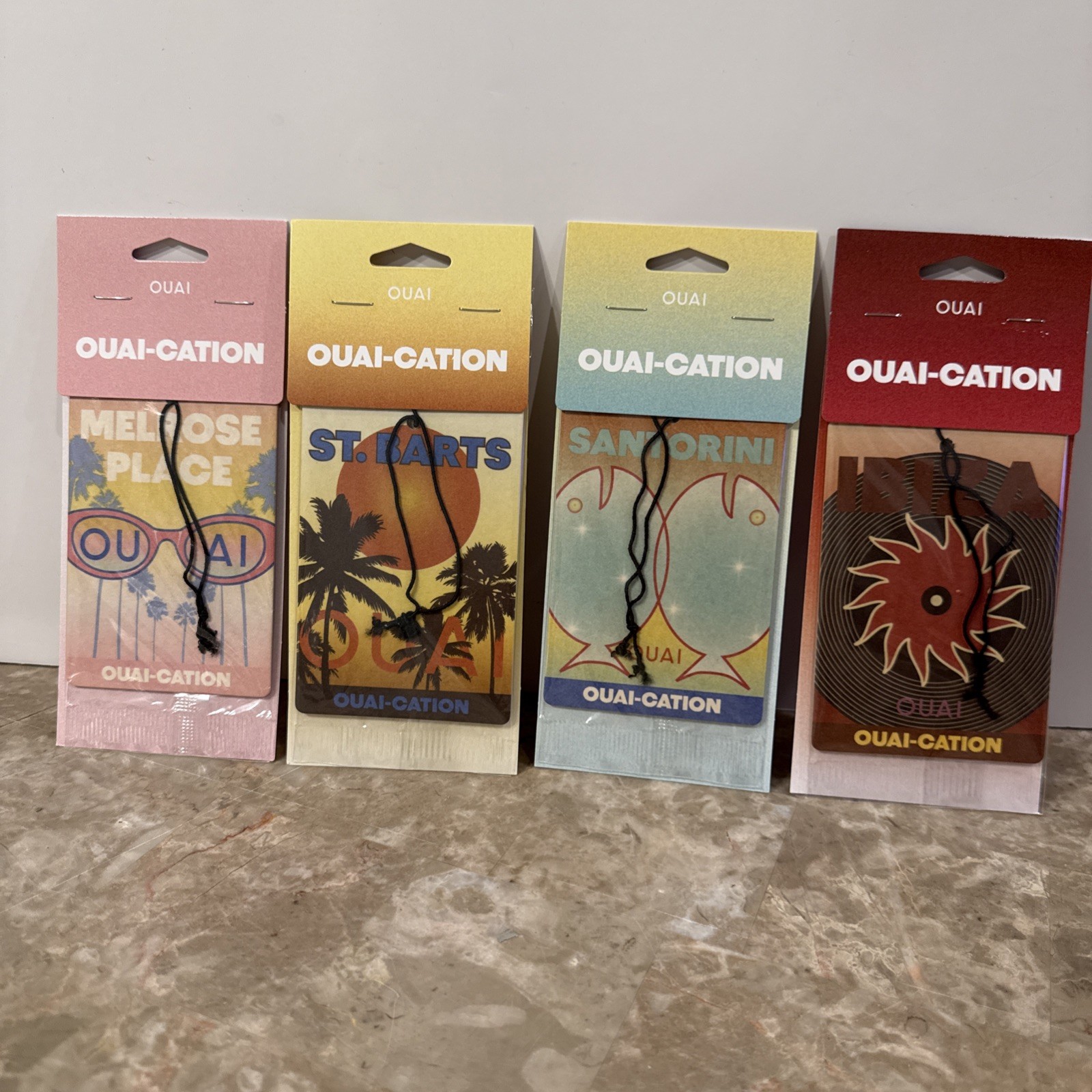 4 OUAI Car Air Fresheners OUAI-CATION Santorini Melrose Place Ibiza St. Barts