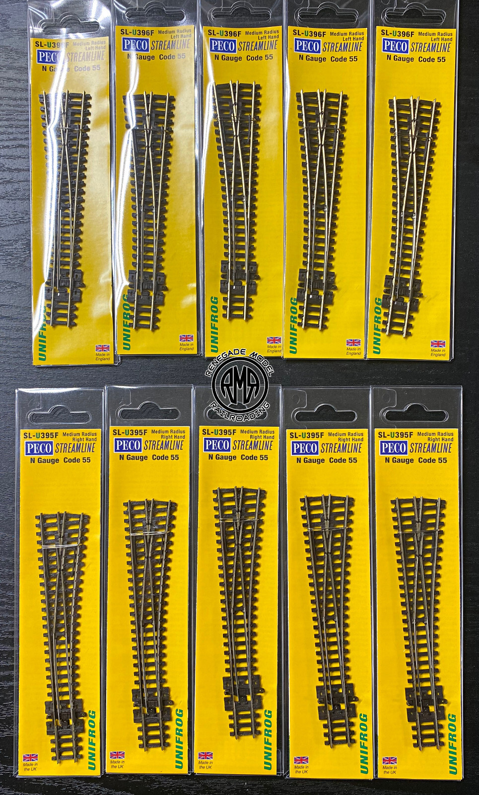 Peco SL-U395F SL-U396F Unifrog Medium Radius Right/Left Hand Turnout Code 55 Set