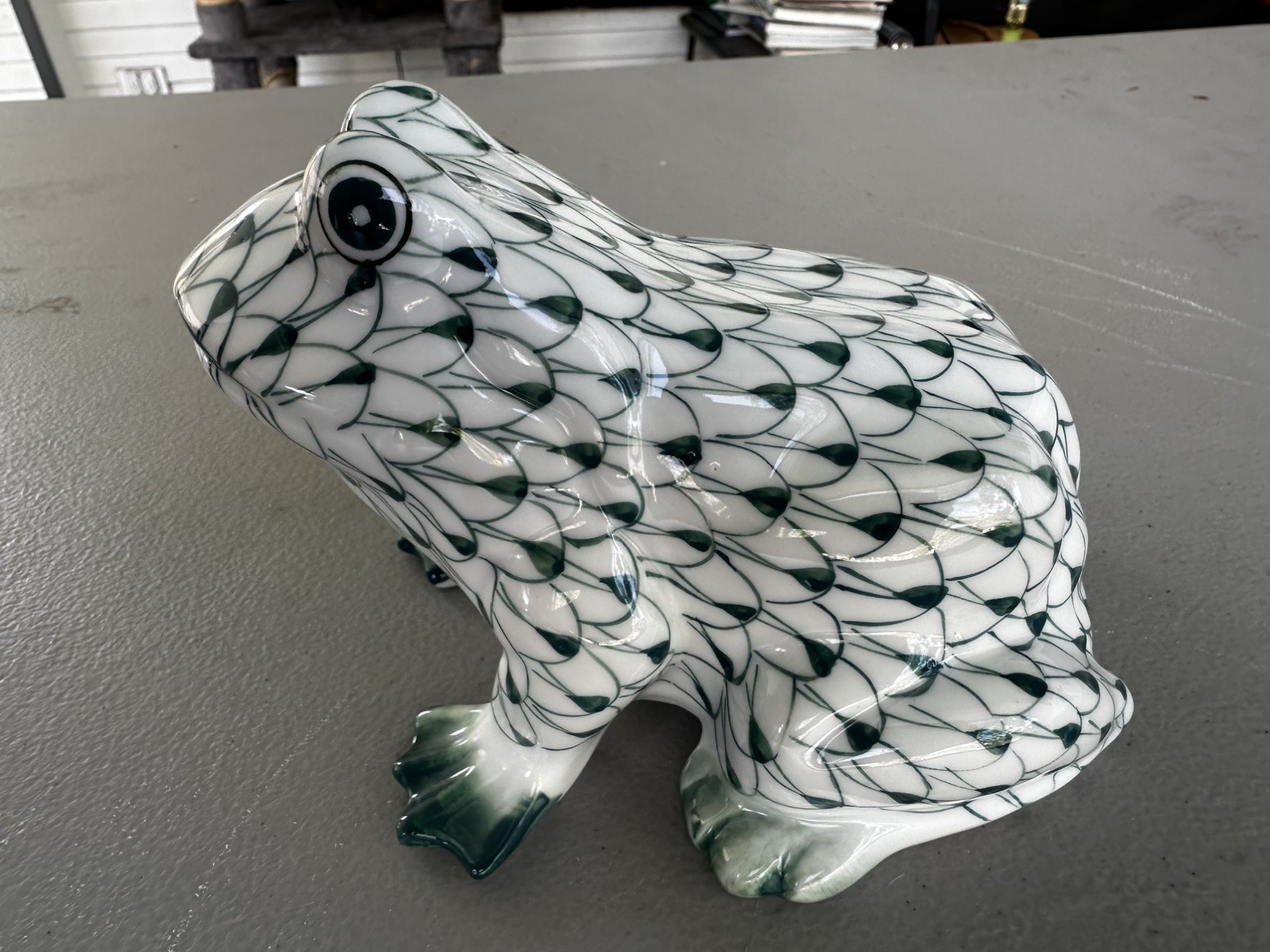 Vintage hand-painted, green, fishnet frog. Andrea by Sadek. 
