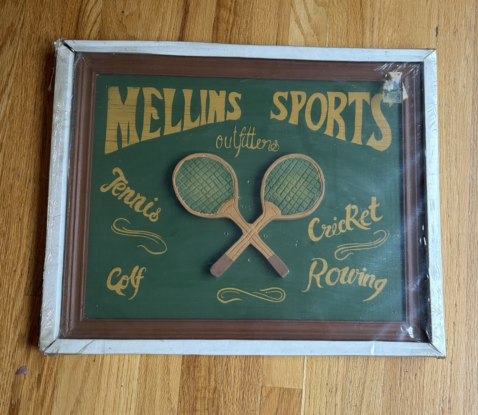 Rare Vintage Mellins Sports Outfitters Wood Sign tennis cricket golf rowing New