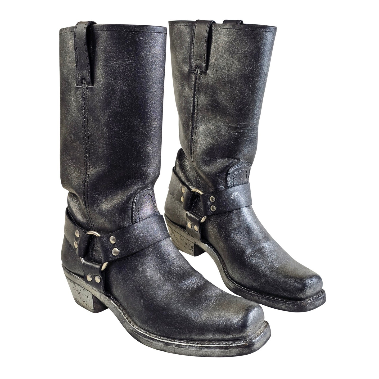 Frye Black Leather Harness Biker Boots Square Toe Mid Calf USA Made 8.5 M
