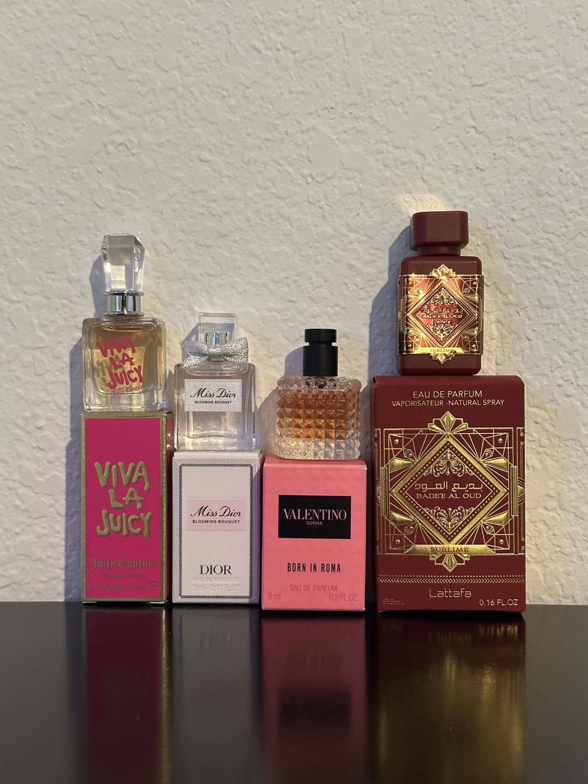 Designer Mini Fragrance Set Of 4 Juicy Couture, Miss Dior, Valentino, Lattafa