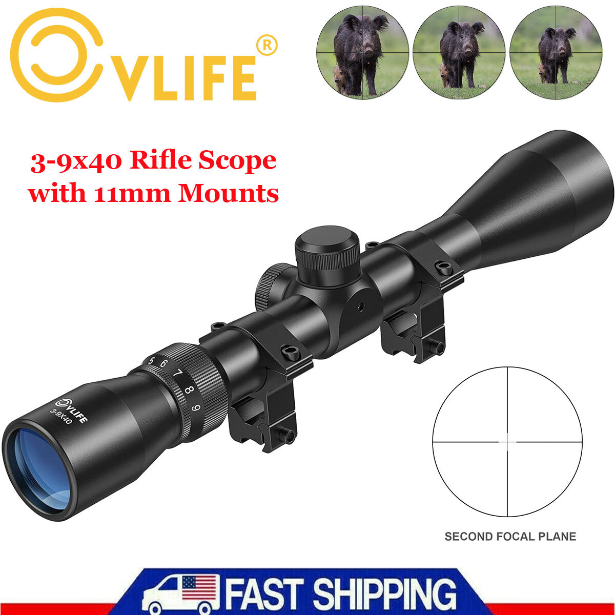 3-9x40 Rifle Scope R4 Crosshair Reticle w/ Mounts Fits 3/8\