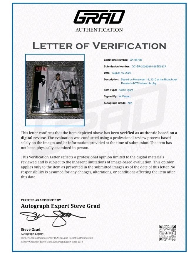 AL PACINO SIGNED MEZCO SCARFACE FIGURE TONY MONTANA GRAD LETTER OF VERIFICATION