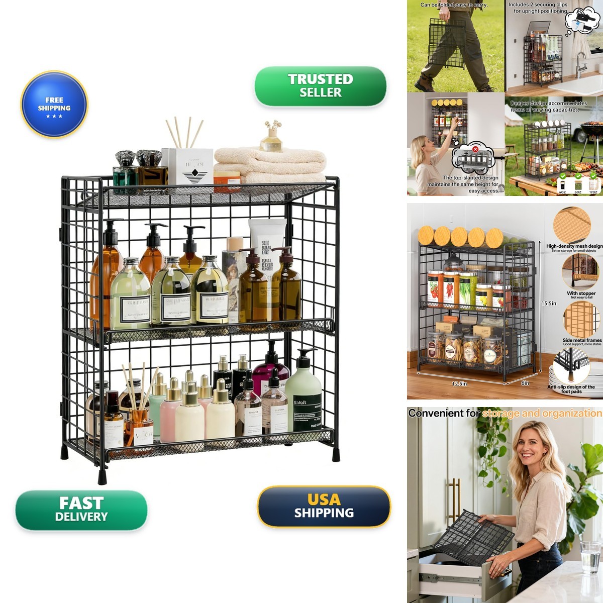 DTUQYX 3-Tier Foldable Metal Spice Rack Organizer for Countertop Kitchen