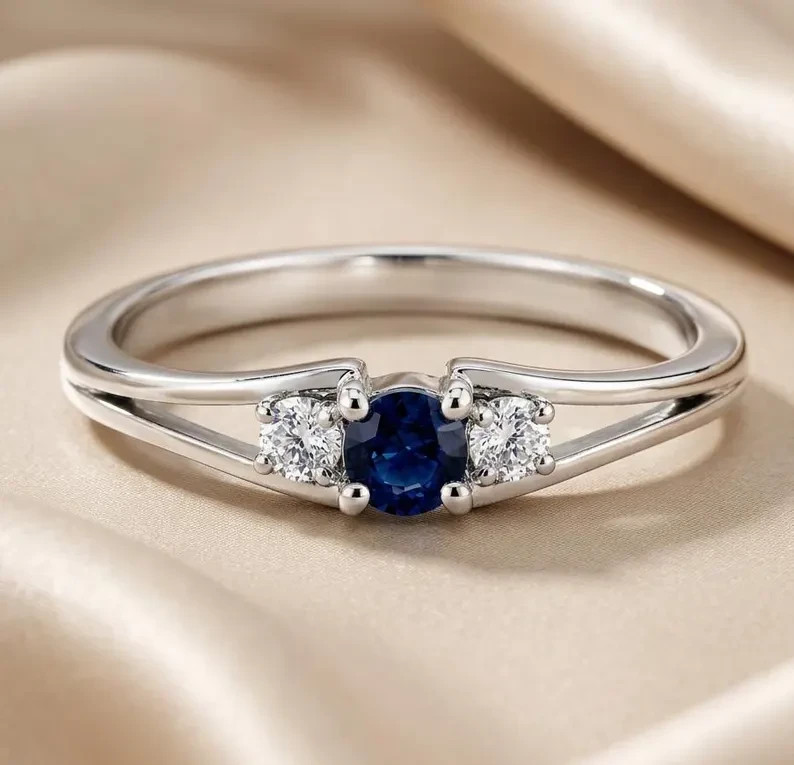 three stone blue sapphire sterling silver ring Round Cut Engagement Promise Ring