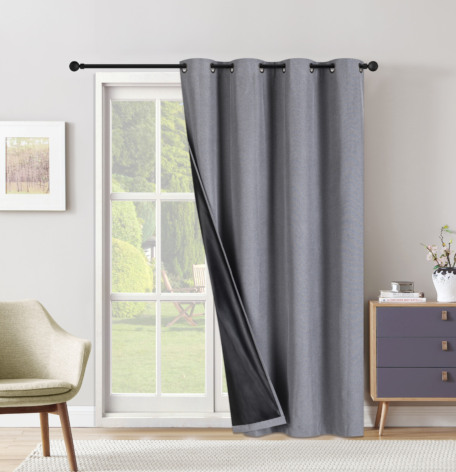 100% Blackout  EXTRA WIDE Window Curtain - Black Backing - 8 Grommets All Sizes