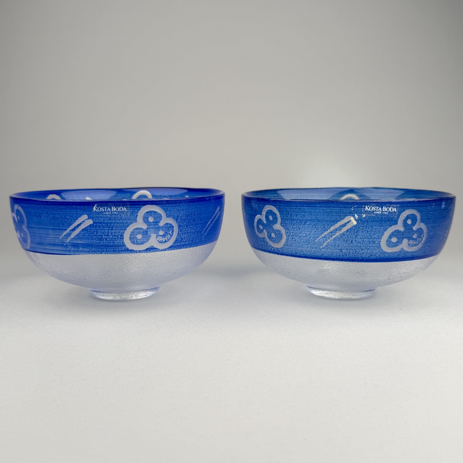 Pair Vintage Kosta Boda KABOKA Blue Glass Bowls Ulrica Hydman Vallien W/ Box