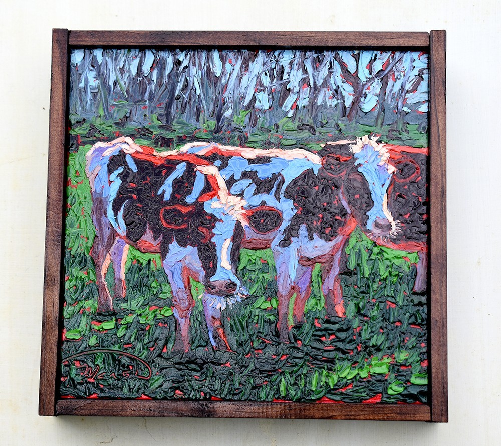 Charlene Marsh 8x8 Framed Original Oil Painting Cows Textured Hand Wall Decor