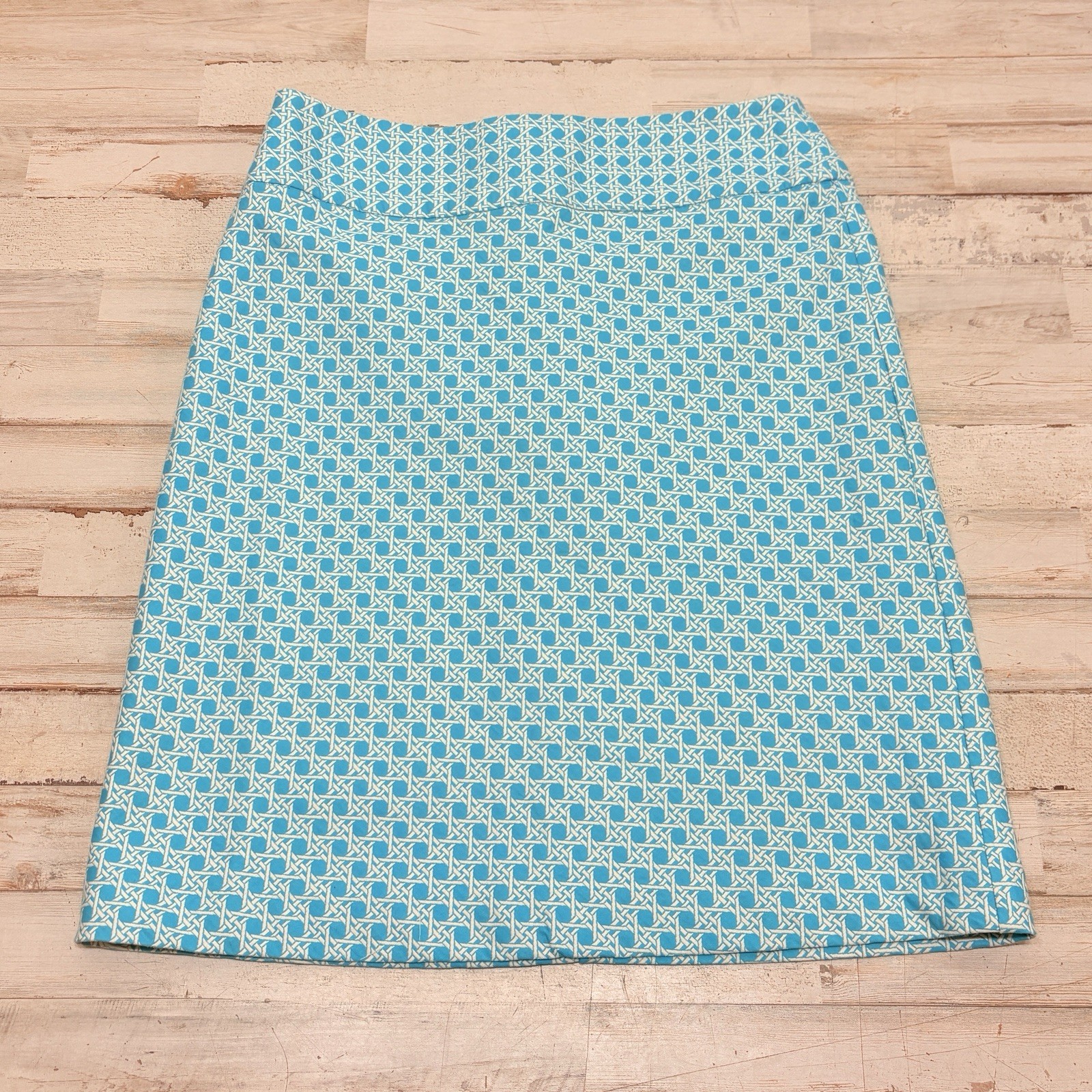Talbots Petites Geometric Print Knit Above The Knee Skirt Size 2P Teal Blue