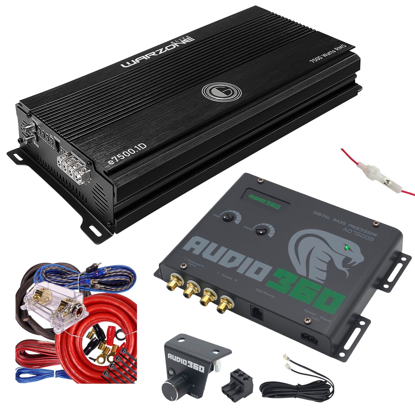 Gravity E7500.1D Warzone 7500W Amp + Audio360 AD7500B Bass Processor + Amp Kit