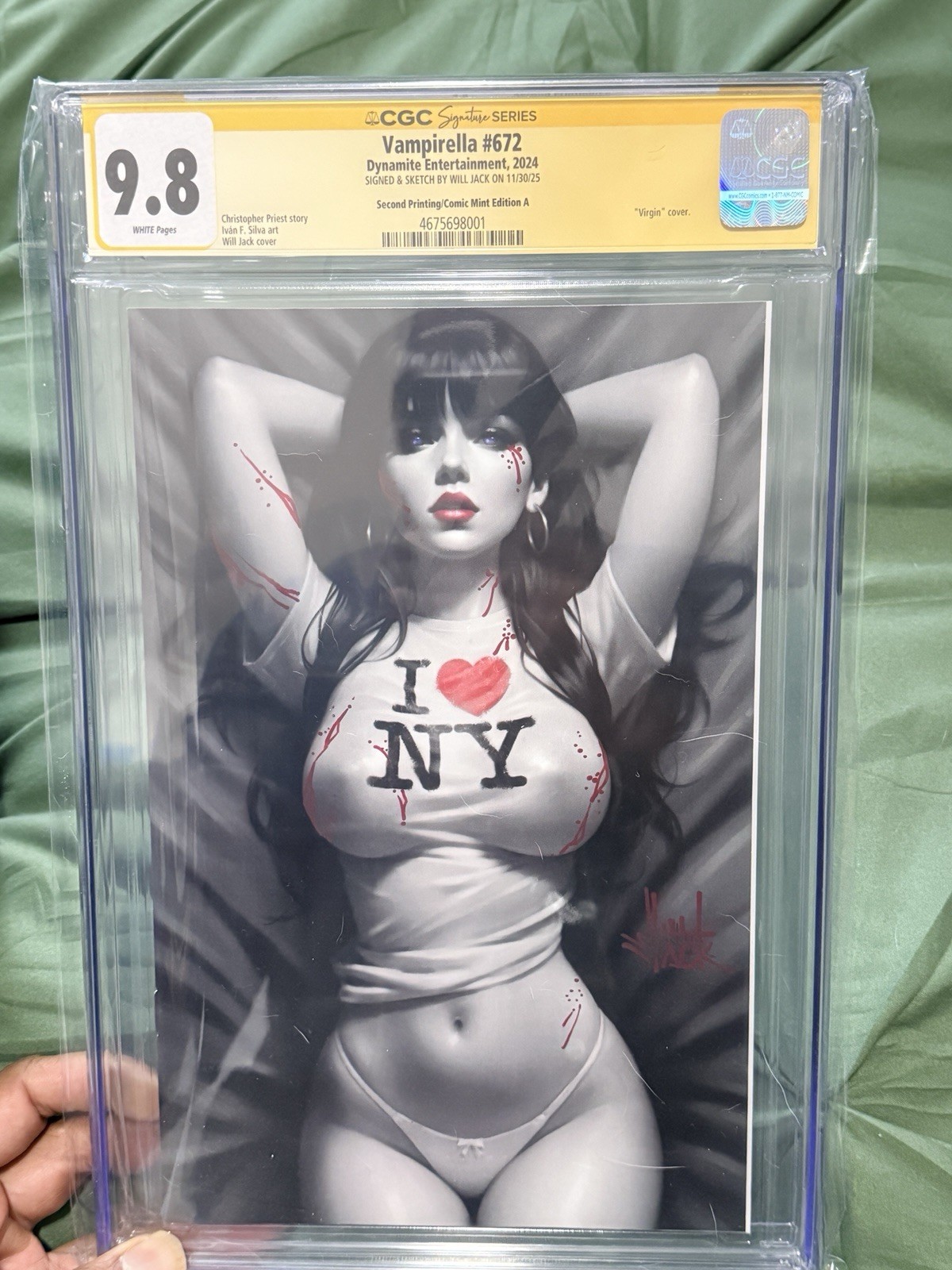 🔥 VAMPIRELLA #672 CGC 9.8 SS WILL JACK SIGNED BLOODY SKETCH REMARK I LOVE NY