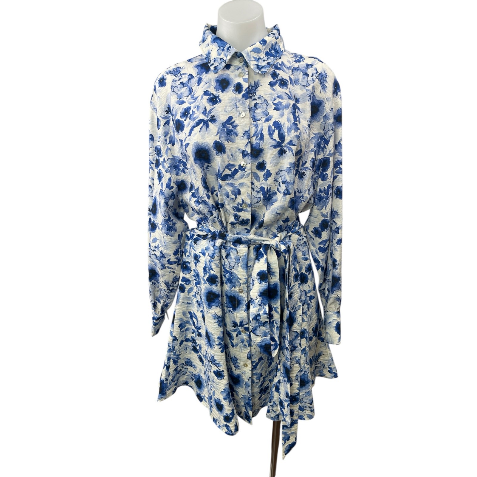 H&M Women\'s White Blue Floral Belted Long Sleeve Button Down Mini Shirt Dress L H&M Women\'s White Blue Floral Belted Long Sleeve Button Down Mini Shirt Dress L