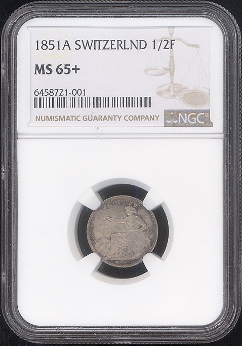 1851-A Switzerland Silver 1/2 Franc NGC MS65+