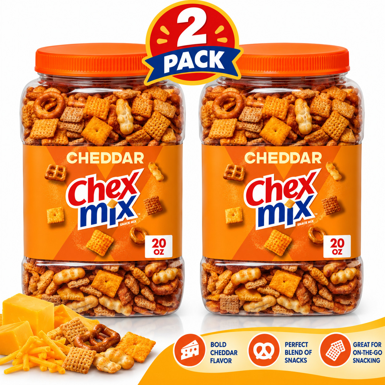 Chex Mix Cheddar Savory Snack Mix Salty Snacks Tub 20 oz Pack of 2