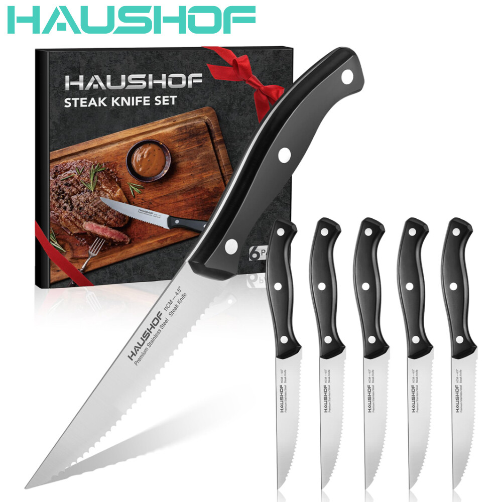 HAUSHOF Steak Knives Set 6PCS Stainless Steel Knives Serrated 9\