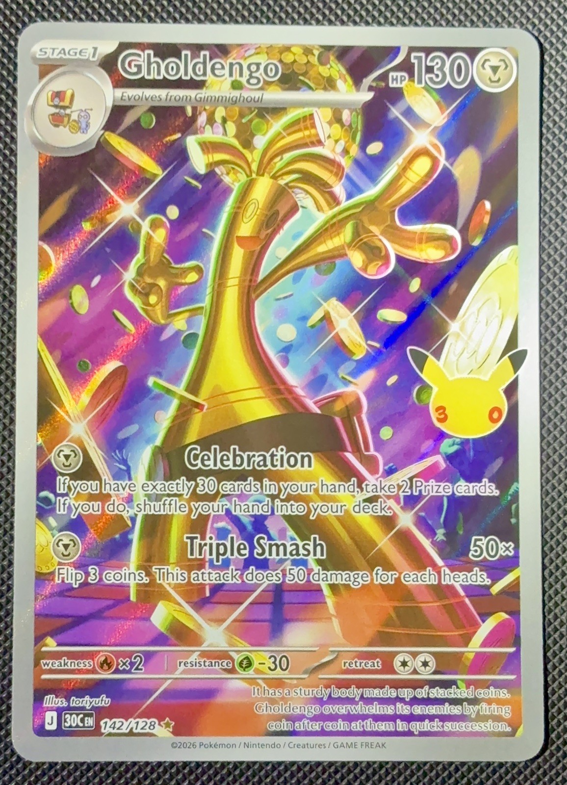 Pokémon TCG 2026 Gholdengo 142/128 30th Celebration Anniversary NM SiR Rare Pokémon TCG 2026 Gholdengo 142/128 30th Celebration Anniversary NM SiR Rare