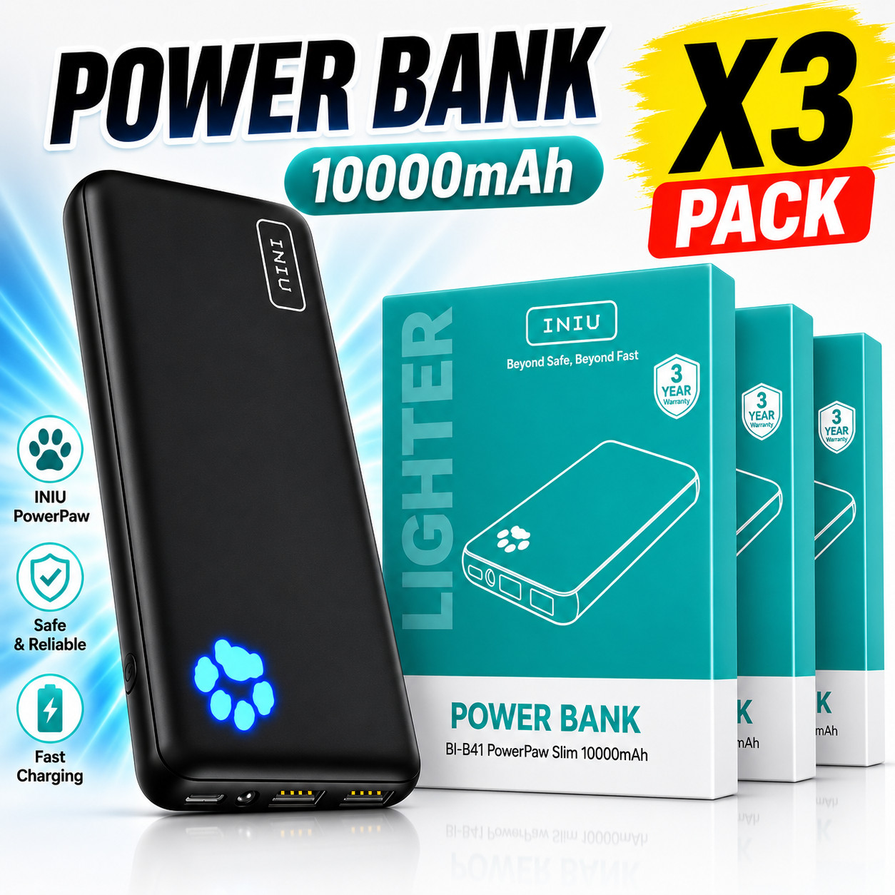 x3 pack INIU 37W Slim Power Bank 10000mAh USB-C Fast Charger