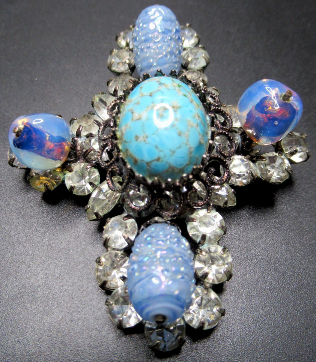 Gorgeous Rhinestone Blue Art Glass Cross Vintage Pin Brooch
