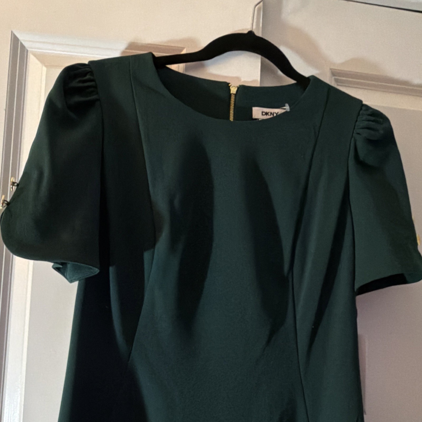 DKNY Women\'s Green Long Solid Dress Size 2 Short Puff Sleeve Scoop Neck Zip