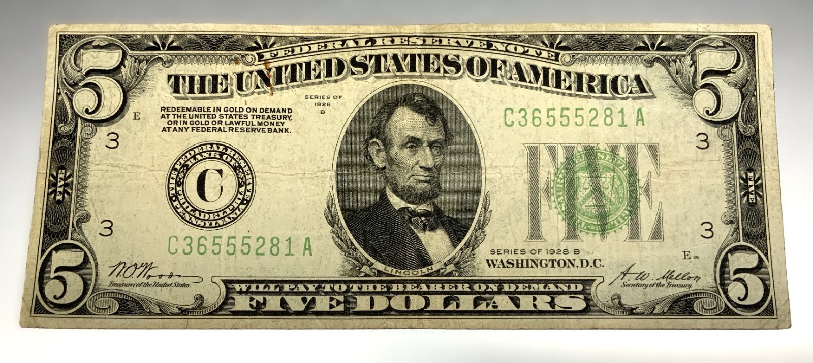 1928-B $5 Federal Reserve Note Philadelphia FR 1952-C Redeemable in Gold -C37