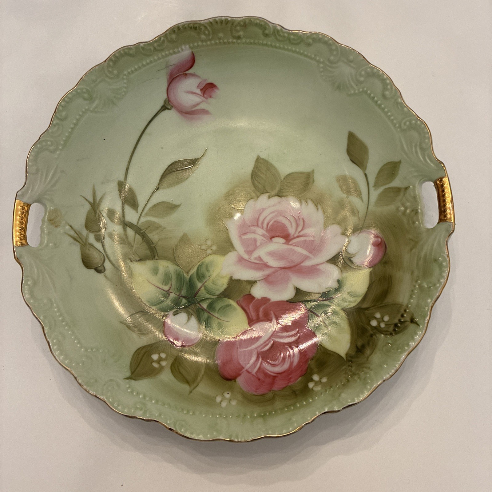 Lefton Heritage Green Cabbage Rose HANDLED PLATTER Hand Painted 719 JAPAN 1920s