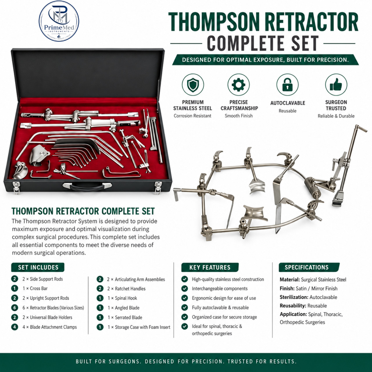 Thompson Retractor Complete Set Stainless Steel Orthopedic Surgical Instrument