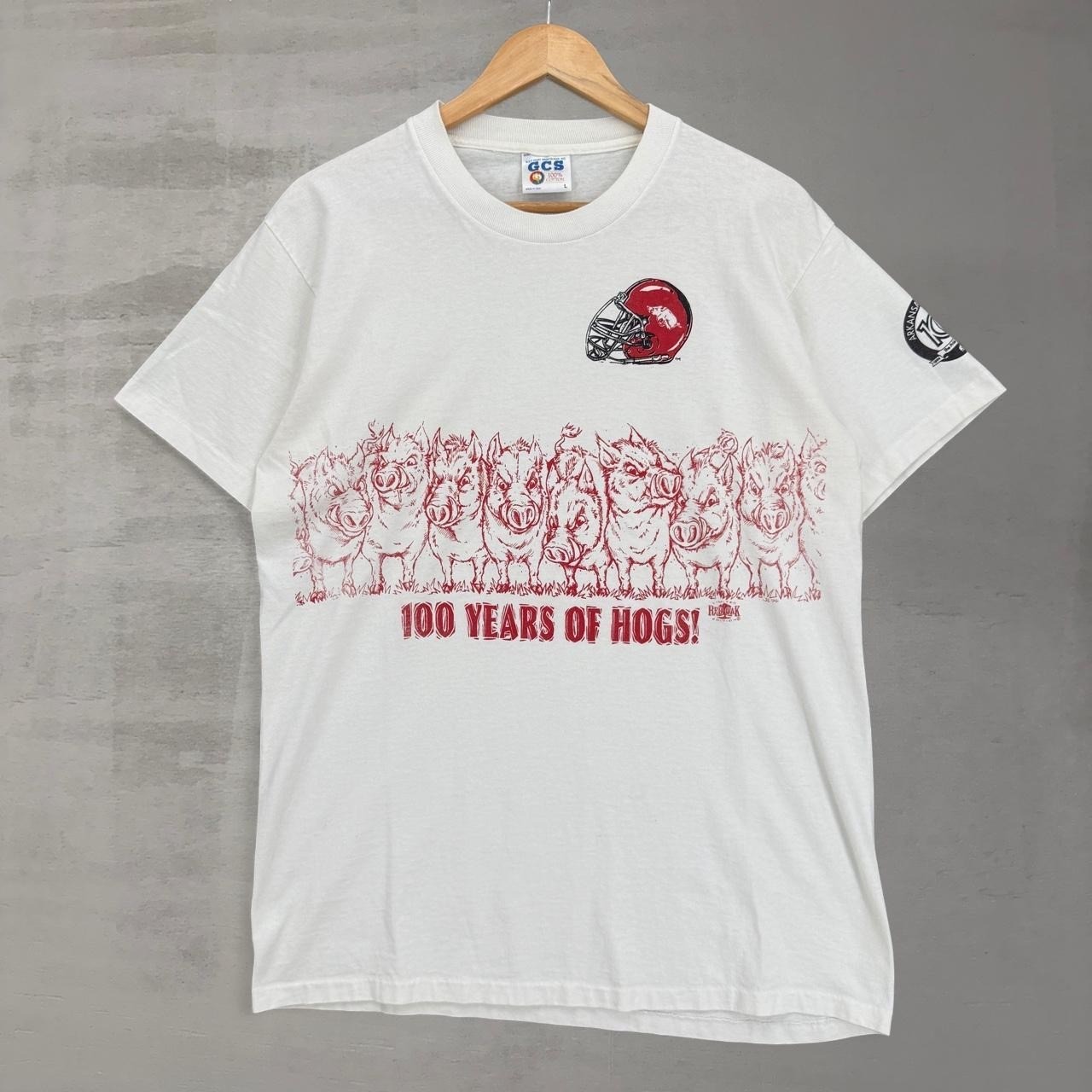 Vintage Arkansas Razorbacks Wrap Around Shirt White 100 Years of Hogs 94 Large