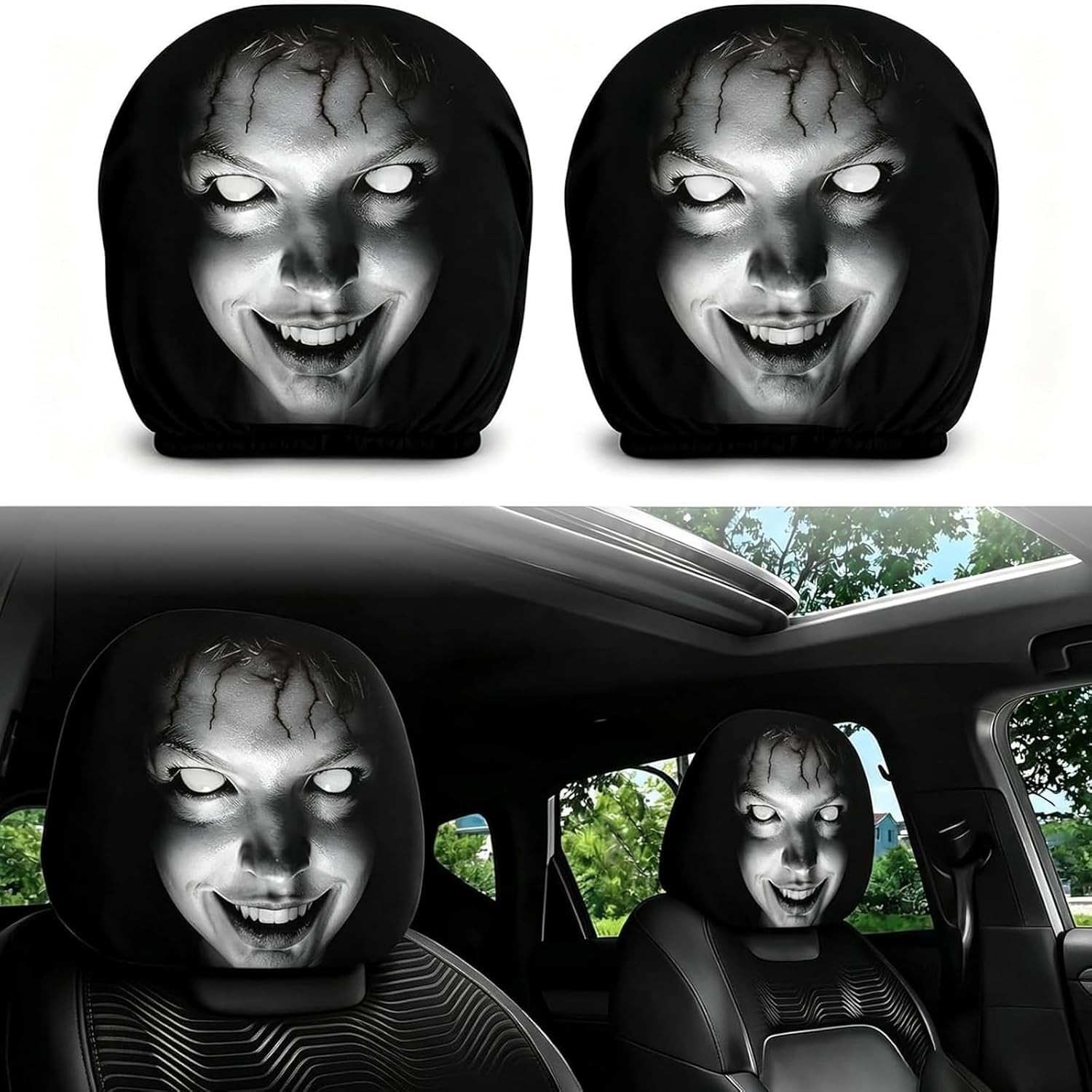 2PCS Ghost Face Headrest Covers, Scary Face Printing Auto Seat Universal Elast..