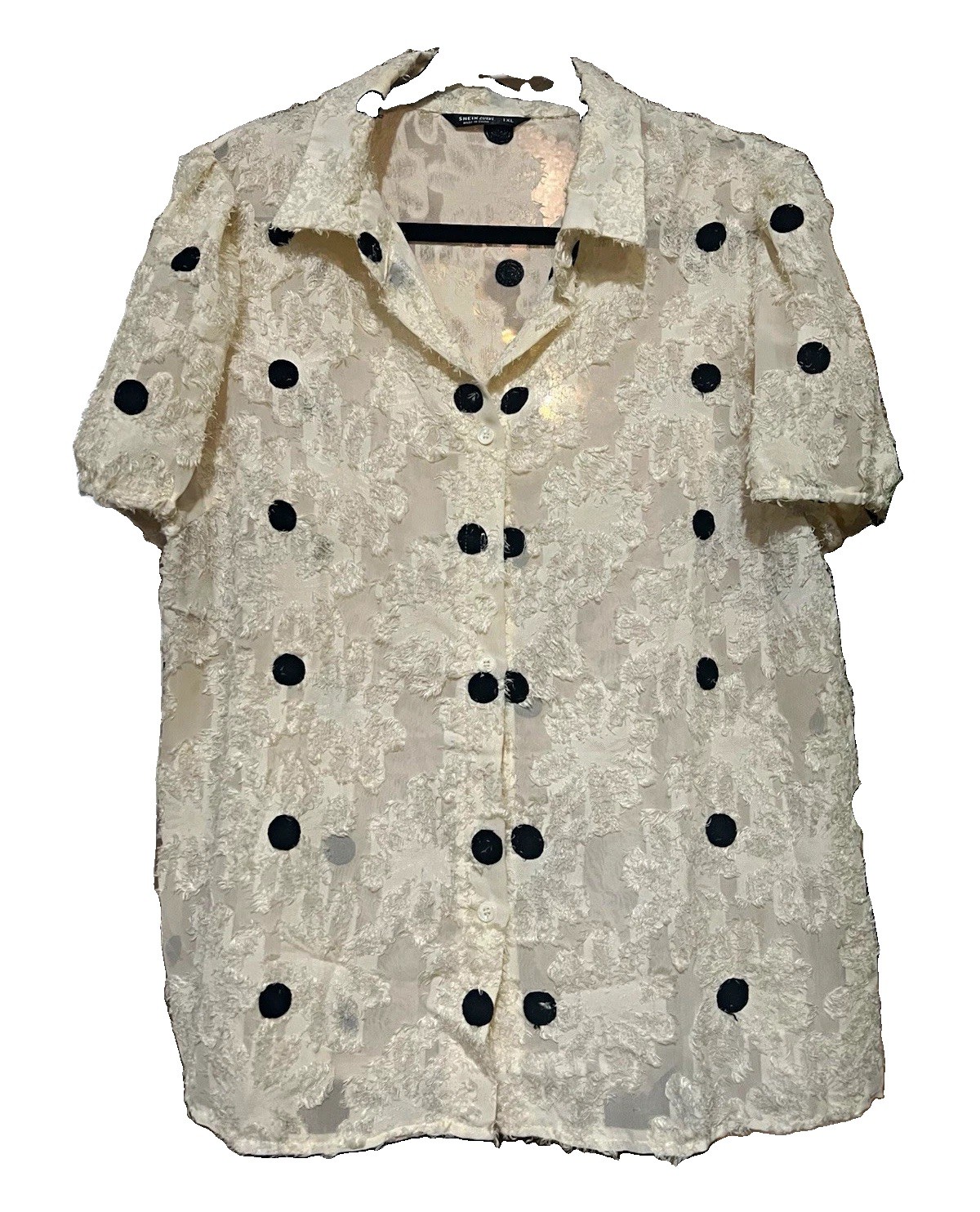 SHEIN CURVE 1X Plus Ivory/Black Polka Dot Lace Collared Button Blouse