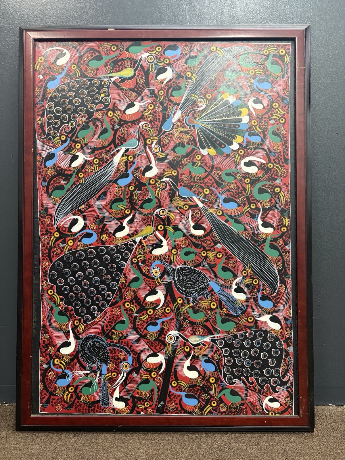 Huge Steven Lewis Tingatinga Bird Painting Signed Tanzanian African Art 44x31