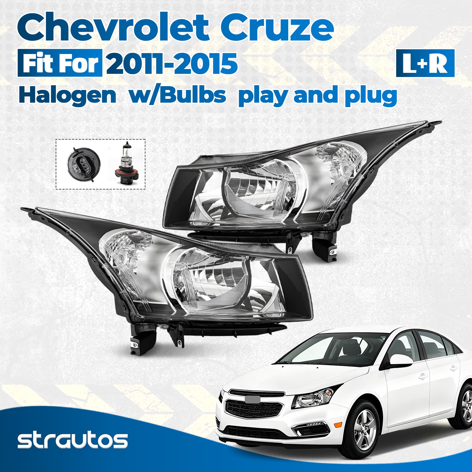 Halogen Headlight For 2011-2015 Chevy Cruze Headlamp with Bulb Black Left +Right