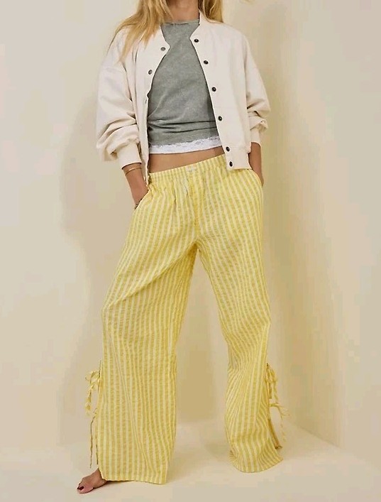 NWT Aerie Off Duty Pajama Pants Sz L Seersucker Side Tie Wide Leg Pockets Stripe
