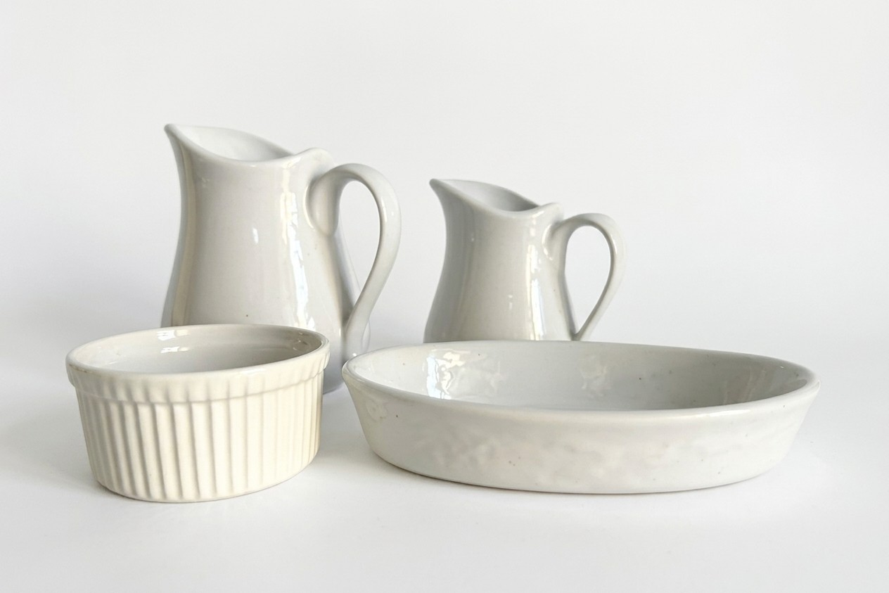 Vintage Apilco White Porcelain Pitchers and Bakeware, 4 Pieces