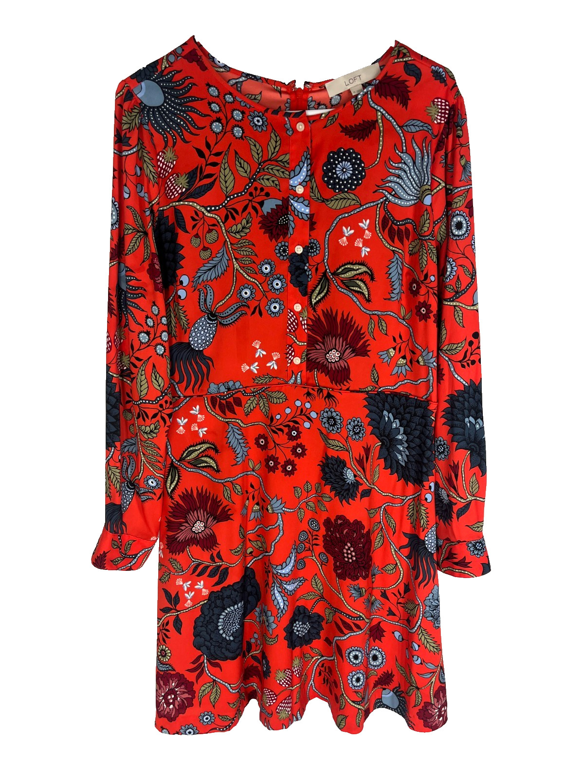 ANN TAYLOR LOFT Dress Size 12 Red Floral Long Sleeve Boho Garden Summer Cottage