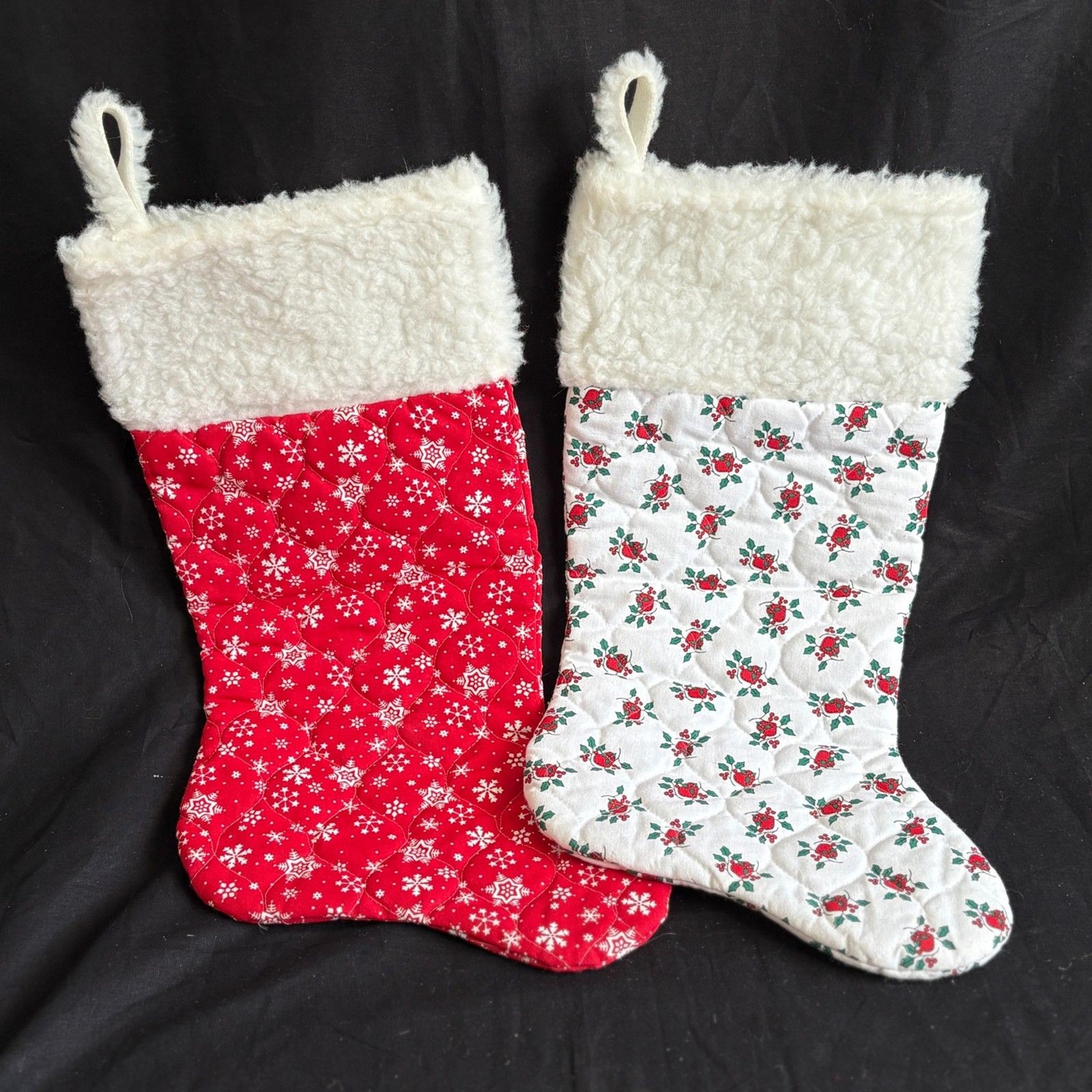 Vintage Handmade Quilted Christmas Stockings Two Snowflake Holly Sherpa Cuff