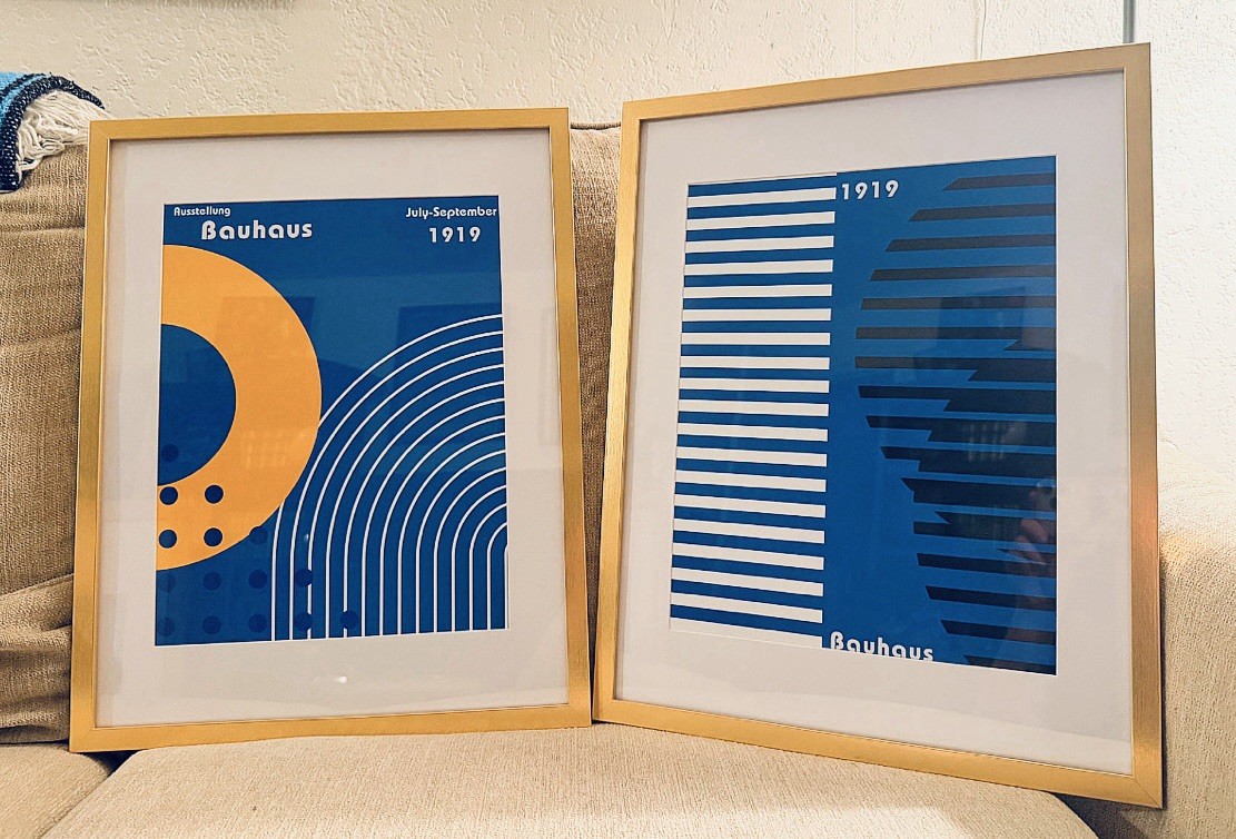 Bauhaus 1919 Framed Art Print Set of 2 Blue Gold Geometric 15x19 Wall Art