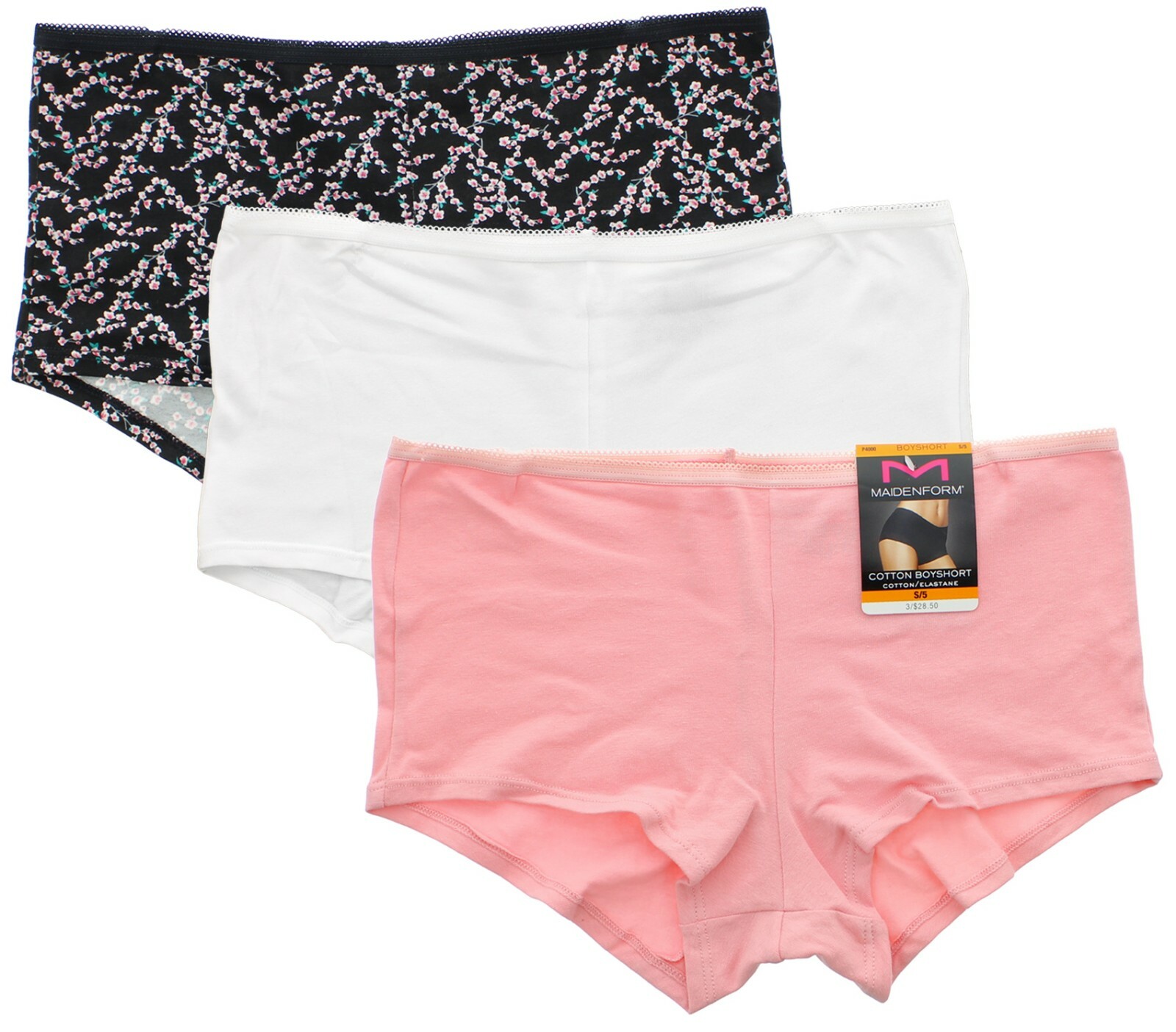 Maidenform Boyshorts Underwear Panty, Women\'s Cotton Stretch Tagless, 3 Pack