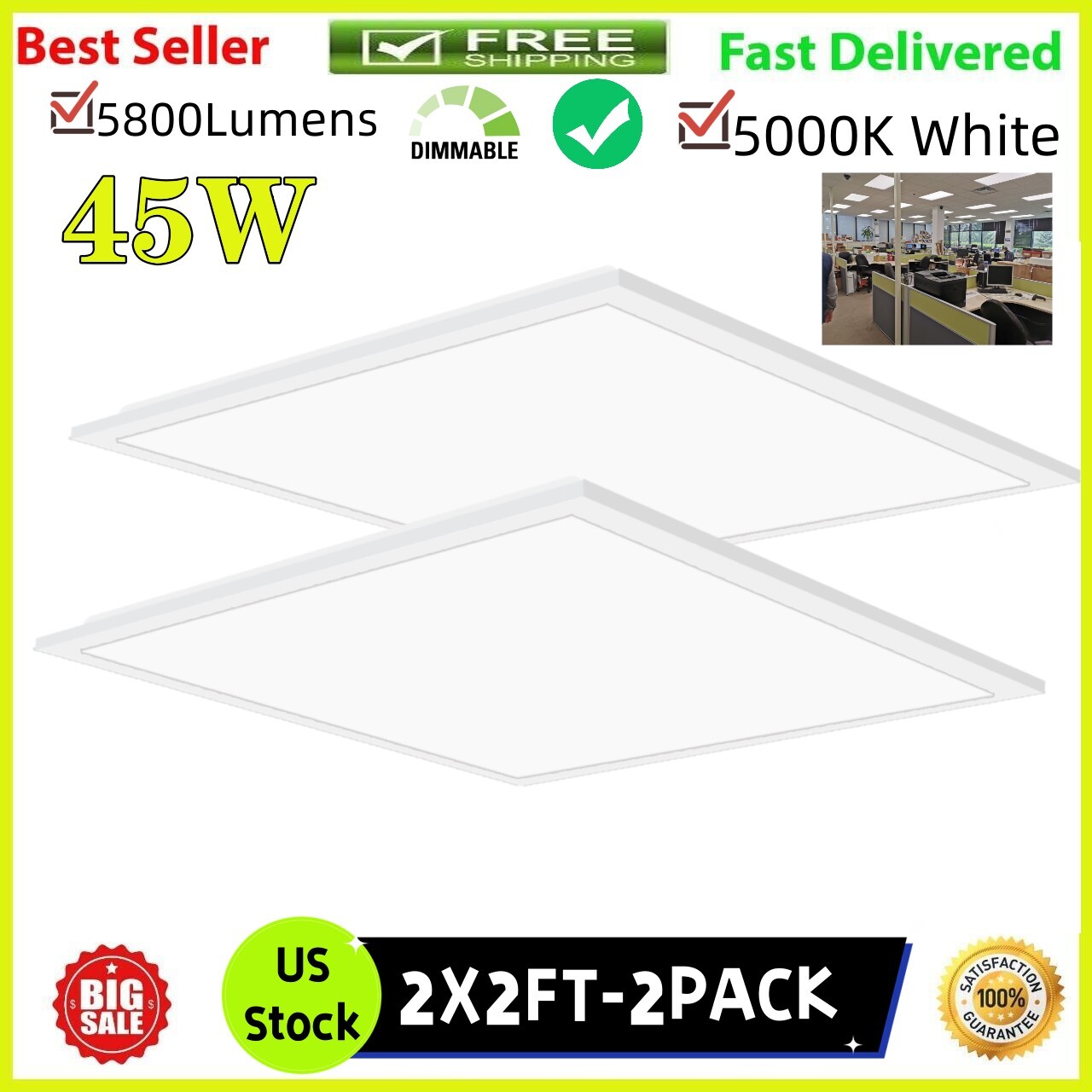 2x2 FT LED Panel Lights, 2x4 FT Recessed Edge-Lit Drop Ceiling Lights Fixture