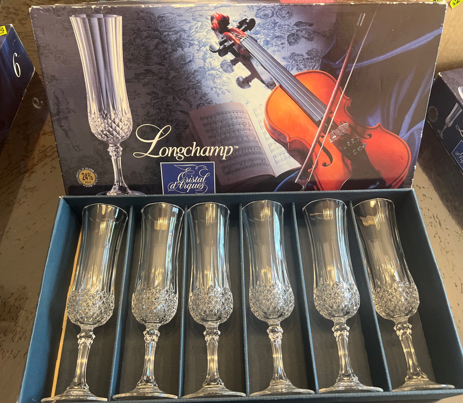 Vintage Cristal D'Arques LONGCHAMP 8” Set of 6 CHAMPAGNE FLUTES  Stemware FRANCE