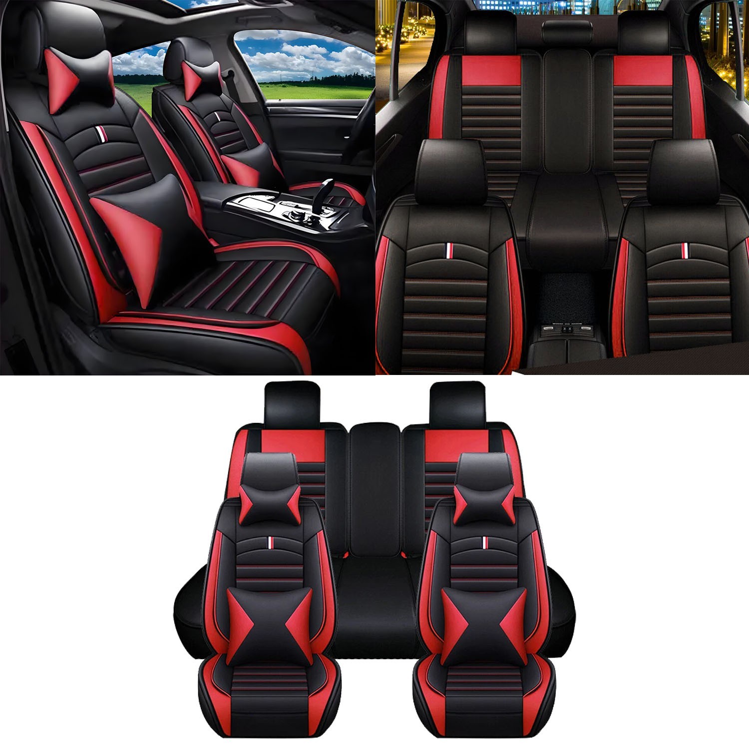 Full Set Faux Leather Seat Cover with Pillow Front Rear 5-Seat Cushion Universal