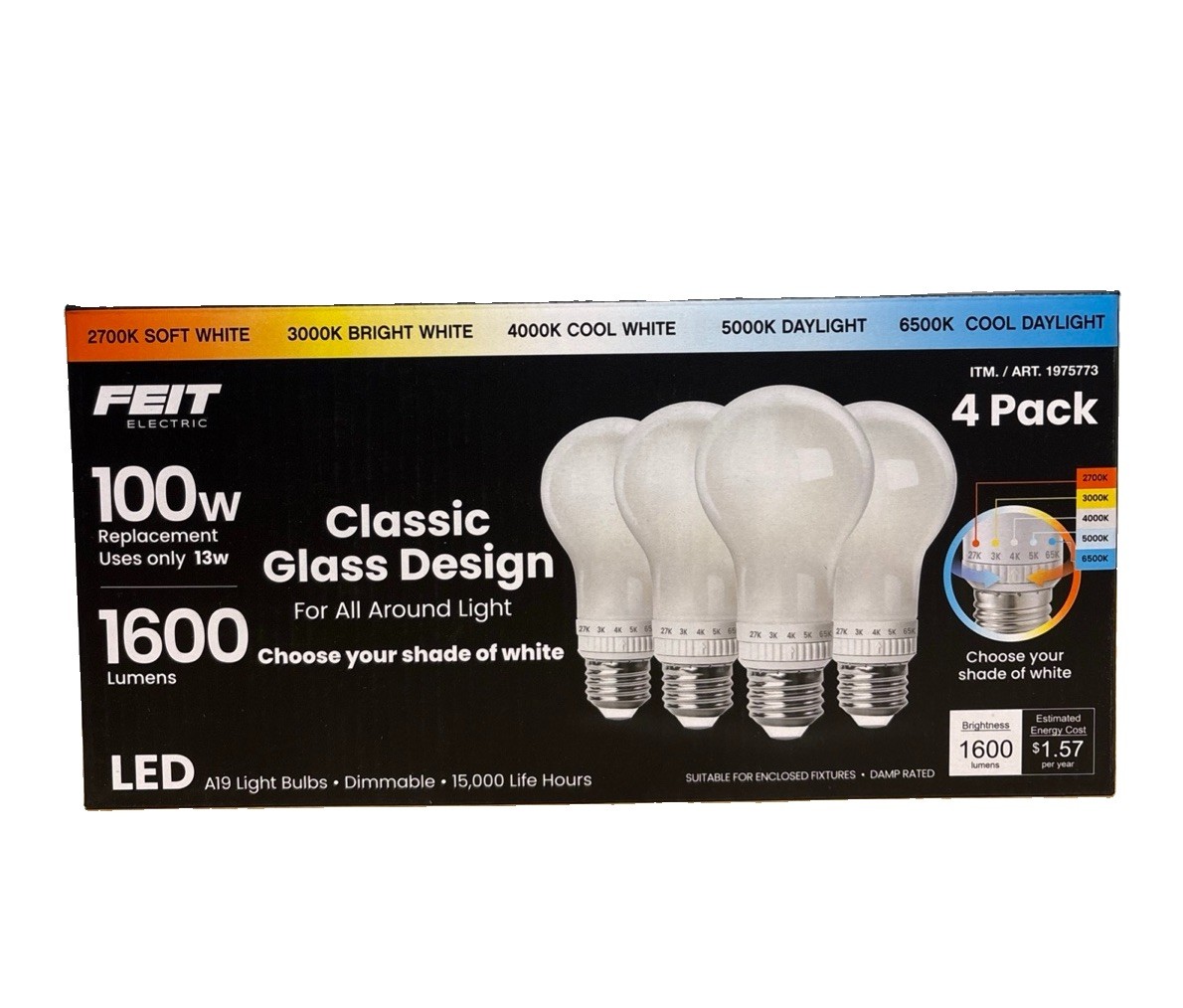 Feit Electric 100W Equivalent Dimmable LED Bulbs 1600 Lumens 4 Pack NEW Feit Electric 100W Equivalent Dimmable LED Bulbs 1600 Lumens 4 Pack NEW