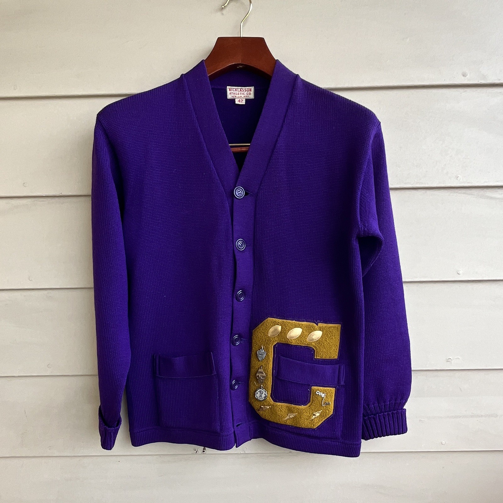 Vtg 1963 Nicklasson Athletic Co. Men Sz 42 Purple Knit Button V-Neck Letterman Vtg 1963 Nicklasson Athletic Co. Men Sz 42 Purple Knit Button V-Neck Letterman