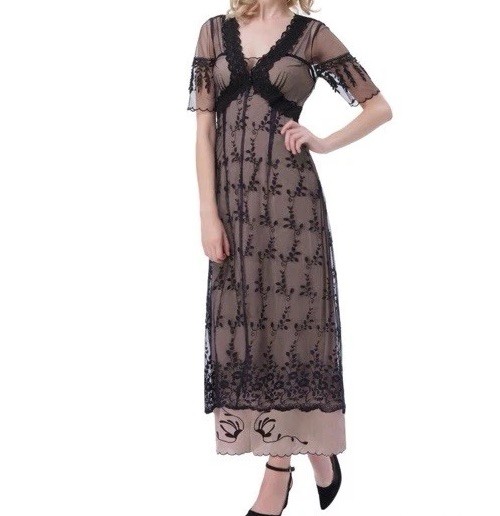 Romantic Goth Belle Poque Black Lace Maxi Dress Sz M Whimsigoth Rose Titanic