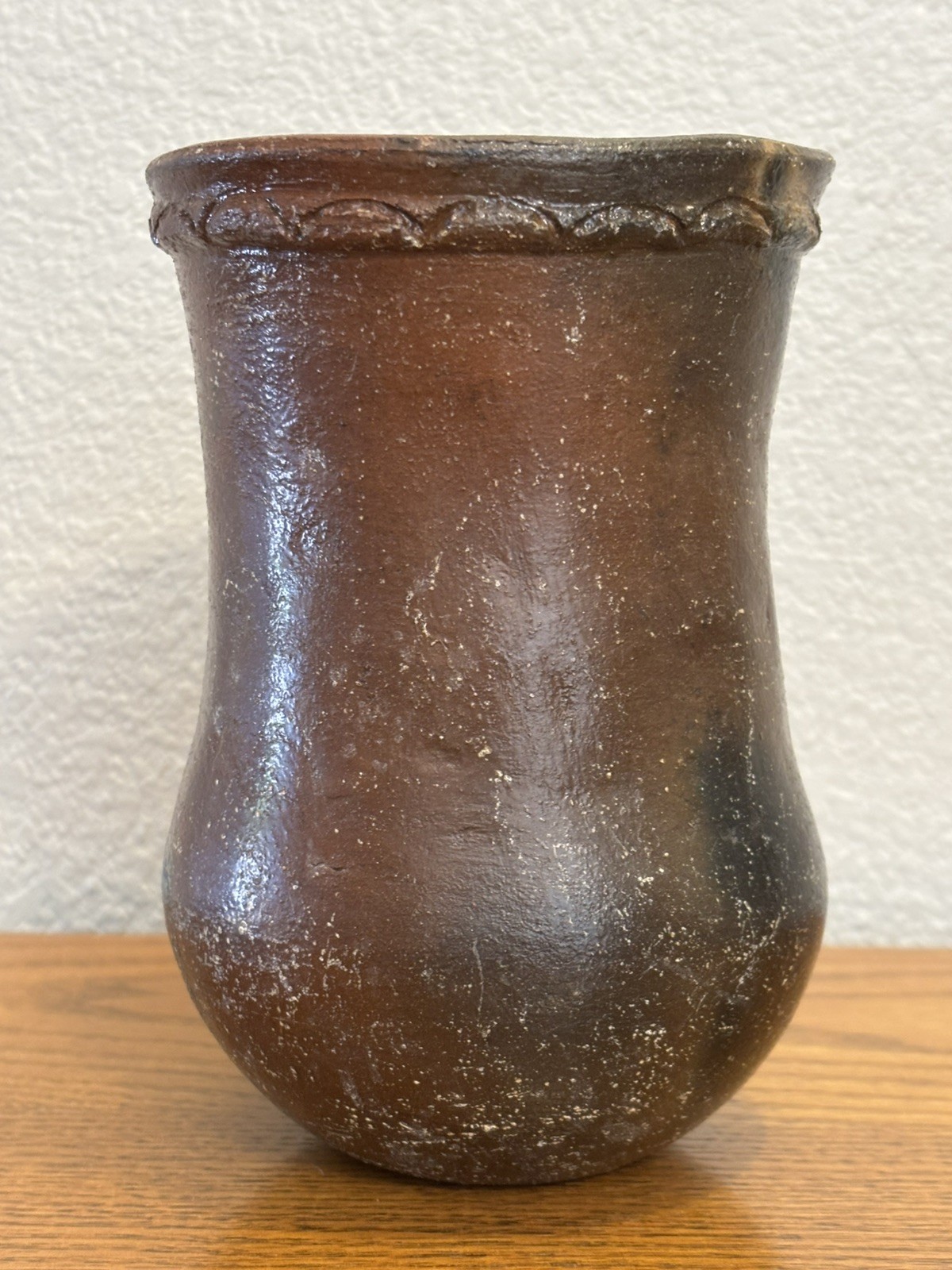 Vintage Hand Built Folk Pottery Vessel 6.5” Brown Clay Rope Band Primitive Art