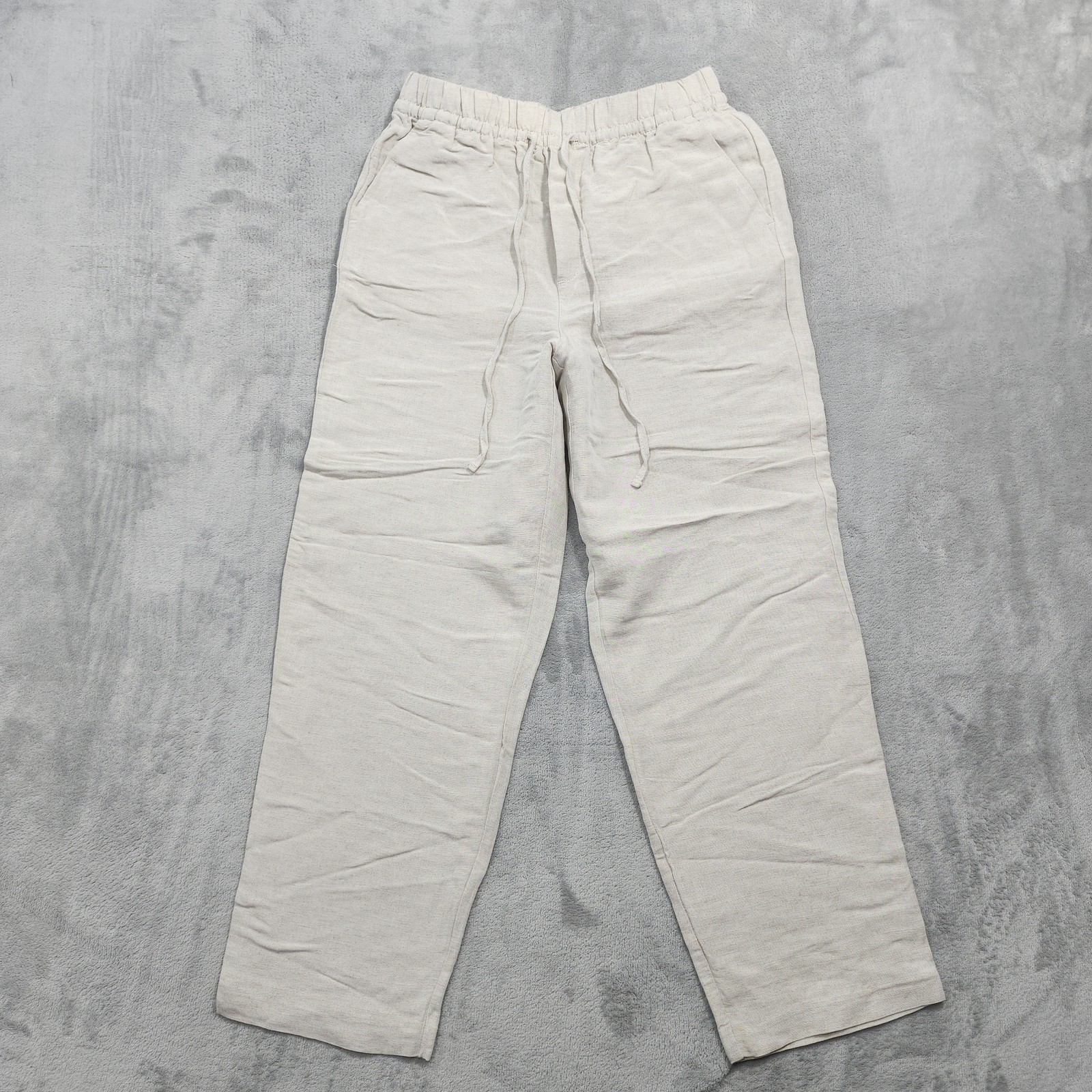 NEW H&M Pants Womens XS Beige Linen Blend Twill Drawstring Casual Natural Boho