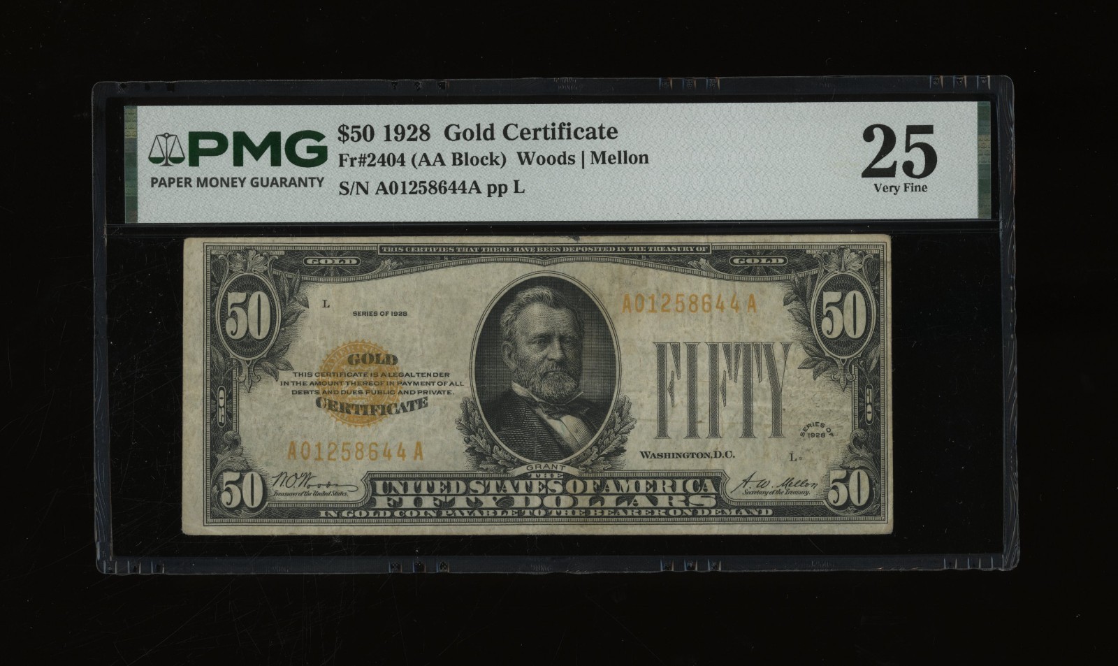DBR 1928 $50 Gold Certificate Fr. 2404 PMG 25 Serial A01258644A